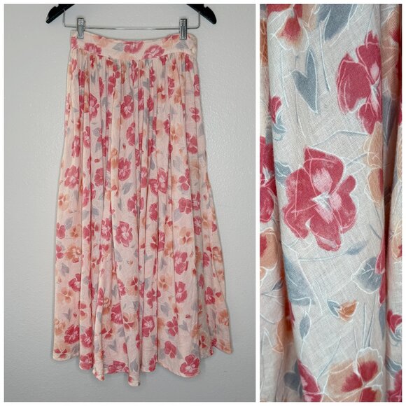 Vintage 80s Carole Little Peach Pastel Floral Pleated Skirt | Size XS - Picture 1 of 8